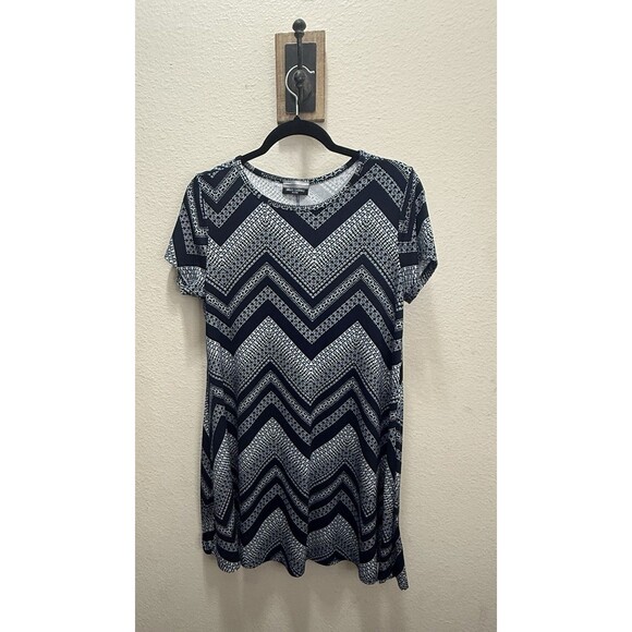 Allison Brittney Women's Dress Petite Medium Navy/White Geometric Short Sleeve - Picture 1 of 4